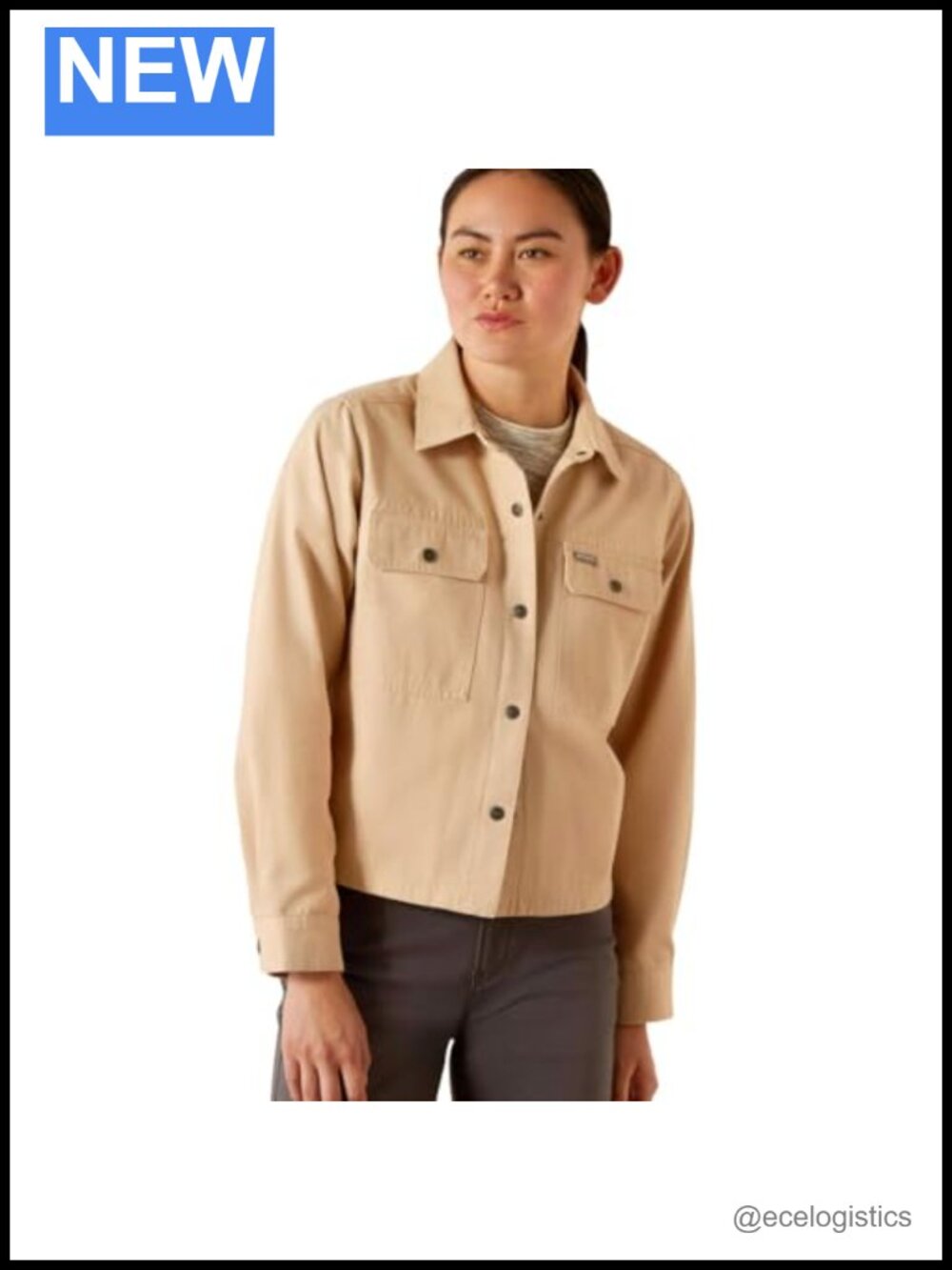 Washed Canvas Cropped Shirt Jacket Snap Front Long Sleeve